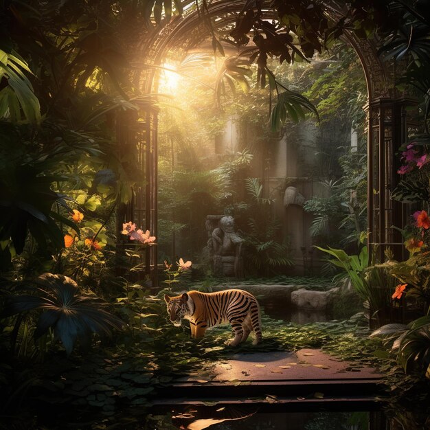 Photo hidden garden in a forgotten corner of a bustling city where mythical creatures coexist with stray city animals