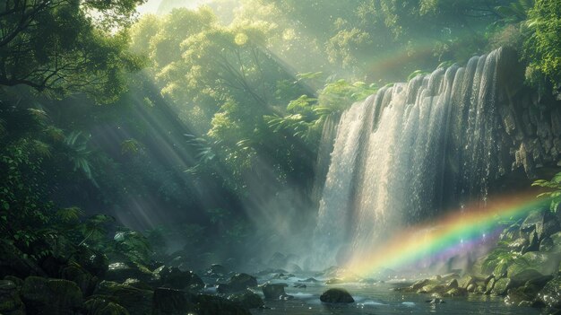 Hidden gem a lush forest waterfall reveals a misty rainbow a serene paradise awaits discovery