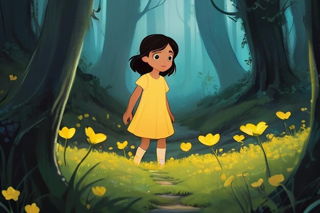 Hidden Glade Discovery Character Illustration with Glowing Buttercup Flowers