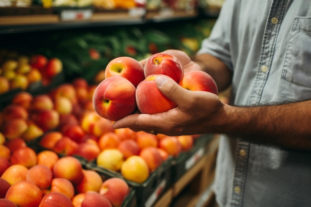 Скрытый урожай Неузнаваемый человек выбирает идеальные персики и нектарины в супермаркете AR