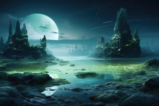 The Hidden Island in the Sea of Mystery with white sandy beaches reflecting the light of a pale blue moon and caves glowing with luminescent green moss ar 32 Job ID 637147f244624b50ade18f3b500fa207