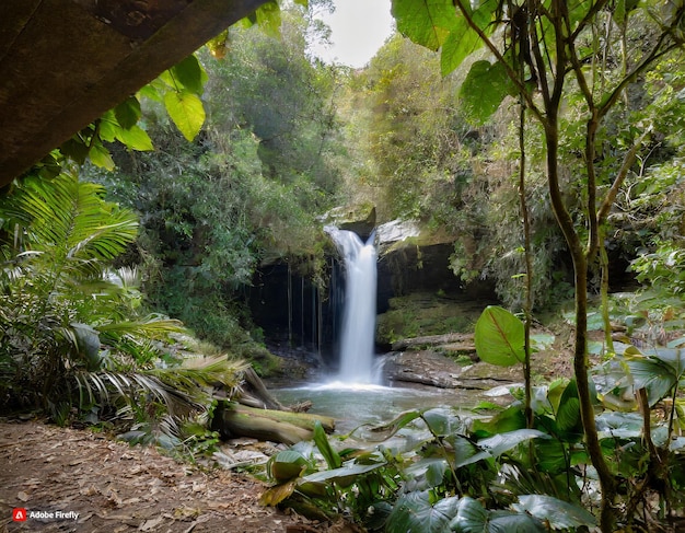 A hidden jungle waterfall accessible only through a portal