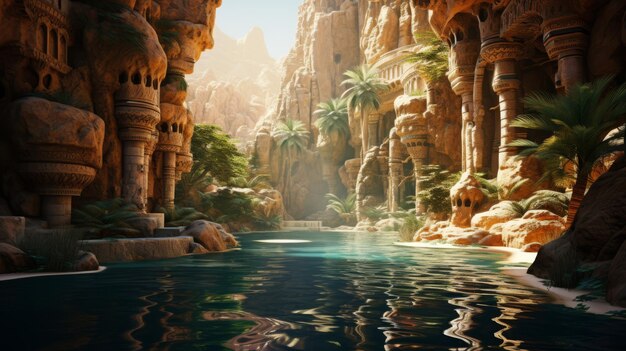Фото Скрытый оазис в пустыне с миражем древнего города