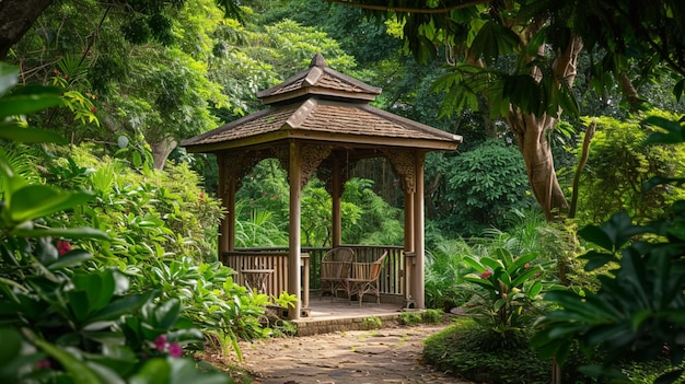 A hidden pavilion surrounded by lush greenery Generative Ai