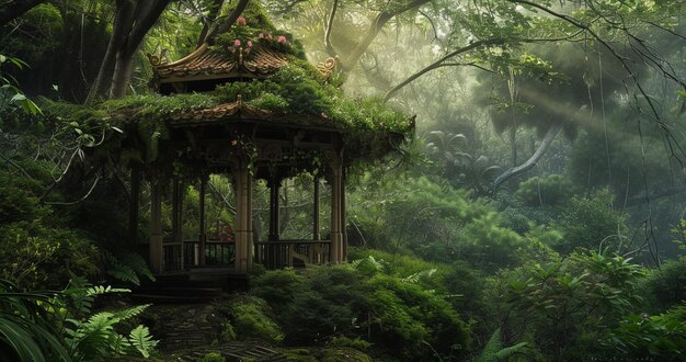 A hidden pavilion surrounded by lush greenery providing a serene sanctuary AI Generative