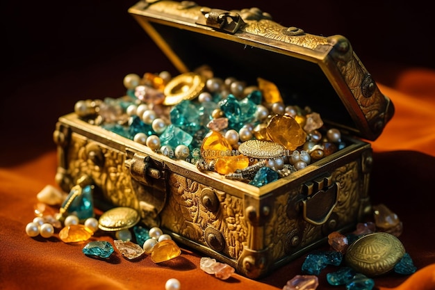 скрытый сундук с сокровищами, наполненный золотом и драгоценностями, созданный искусственным интеллектом