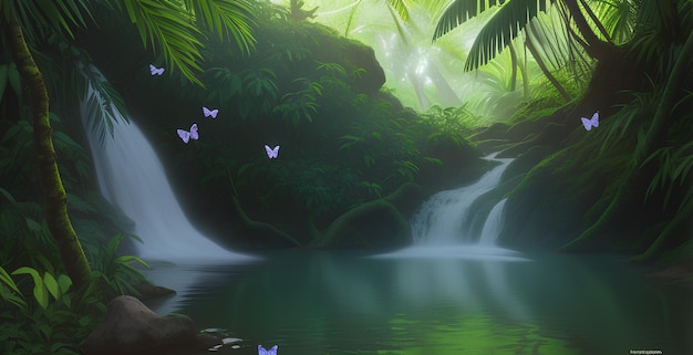 A hidden tropical waterfall nestled deep in a rainforest