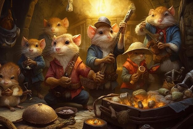 Hidden underground realm ruled by an eccentric pirate mole surrounded by an army of loyal tunneling rodents animal pirate illustration generative ai