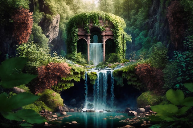 Photo a hidden waterfall in a forested landscape surrounded by greenery