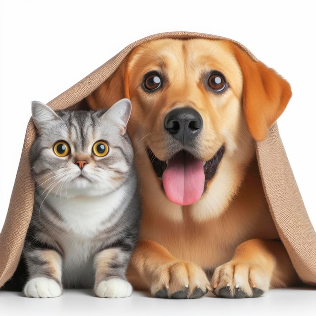hide funny surprised pets dog and cat Isolated on white background ai generative