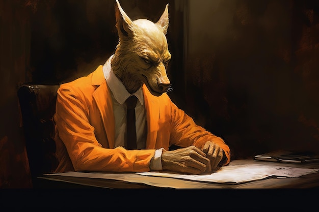 Hier is een foto te zien van een man die een oranje kostuum en een wolvenmasker draagt