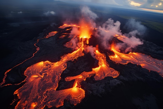 火山から流れる赤い熱い溶岩の高空の景色