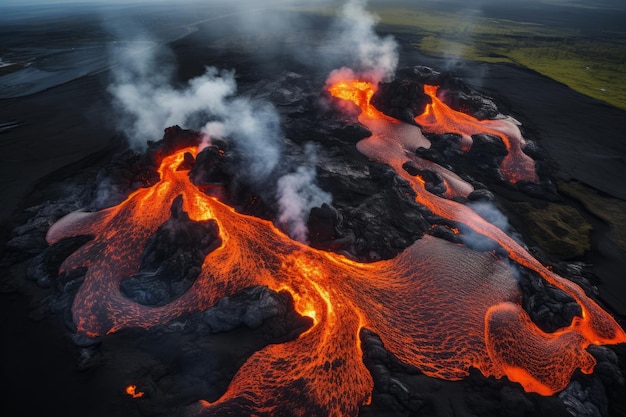 High aerial view of red hot lava flowing from a volcano