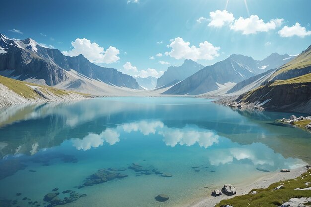 High altitude blue lake in idyllic uncontaminated environment with clean and transparent water