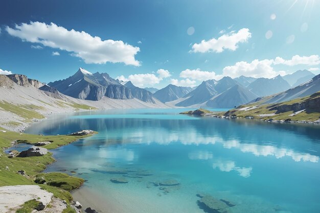 High altitude blue lake in idyllic uncontaminated environment with clean and transparent water