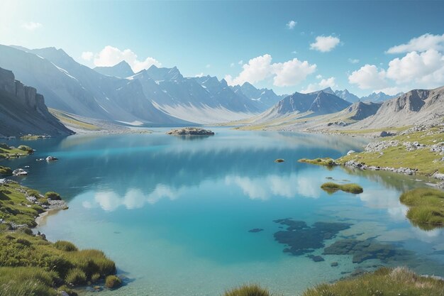 High altitude blue lake in idyllic uncontaminated environment with clean and transparent water