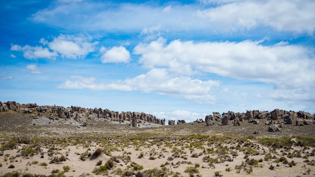 High altitude flowing stream in harsh barren landscape with scenic dramatic sky. Wide angle view from above at 4000 m on the Andean highlands, Peru.