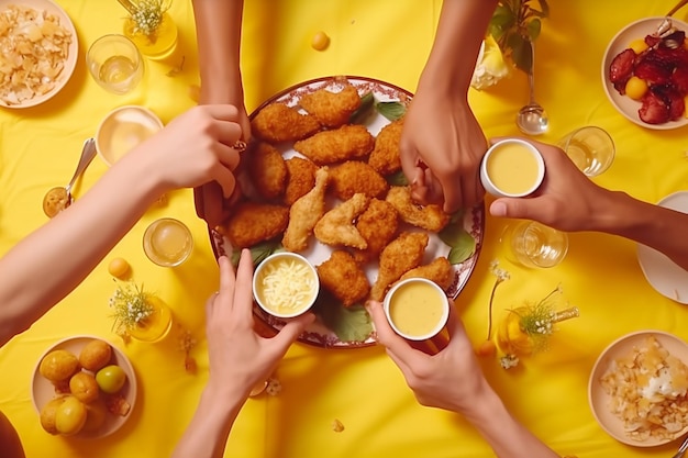 Foto disposizione ad alto angolo con delizioso fast food su sfondo giallo