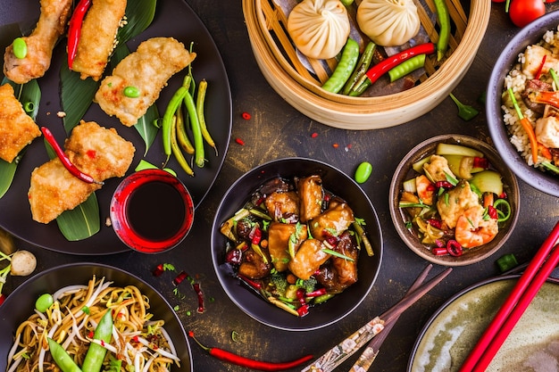 Photo high angle of assortment of asian food on table