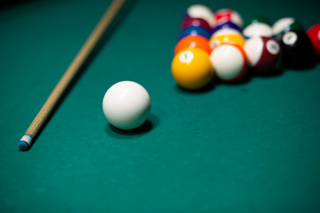 High angle assortment with pool balls on table