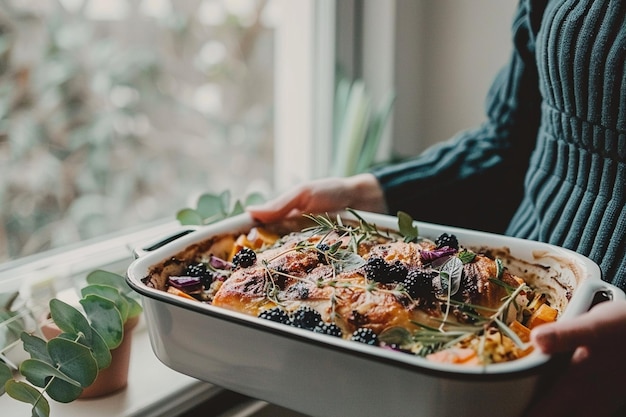 High angle baked whole chicken with salad