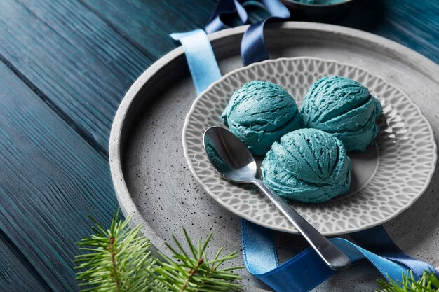 high angle blue ice cream on plate