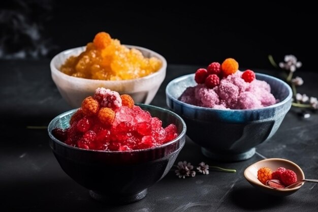 High angle bowls with delicious granita dessert still life