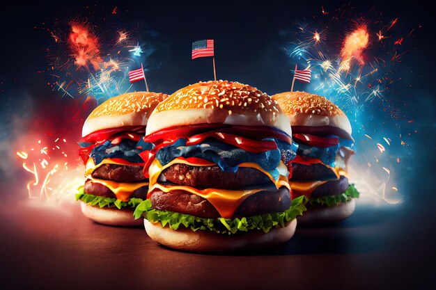 High angle of burgers with american flags on wooden surface Generative Ai