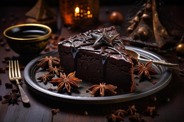 High angle of cake with chocolate topping and cinnamon sticks