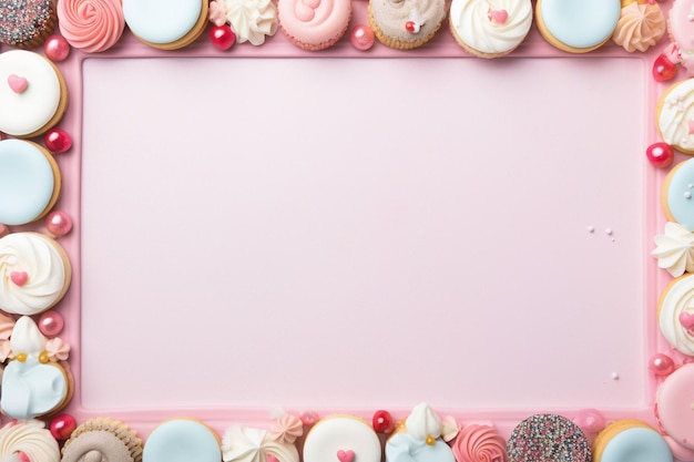 Photo high angle of cake with macarons and tea