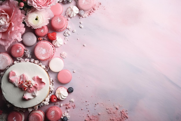 Photo high angle of cake with macarons and tea