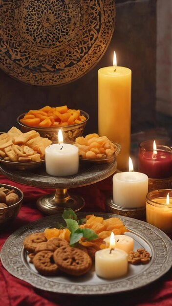 High angle candle and snacks for ramadan day