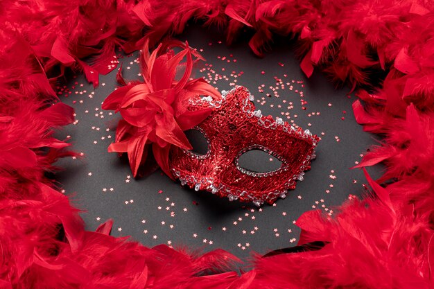 High angle of carnival mask with feathers and glitter