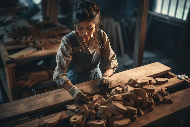 Женщина-плотник под высоким углом работает в перчатках