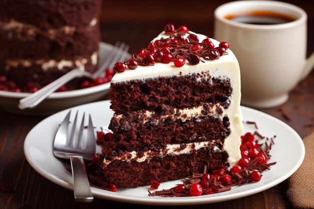 High angle of chocolate cake on chopping board with fruit