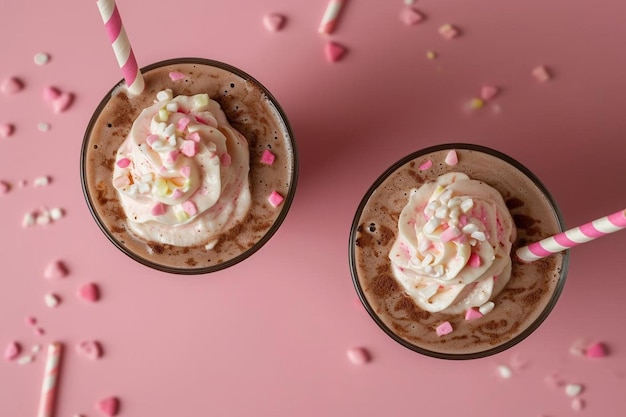 Photo high angle of chocolate milkshake glasses with straws