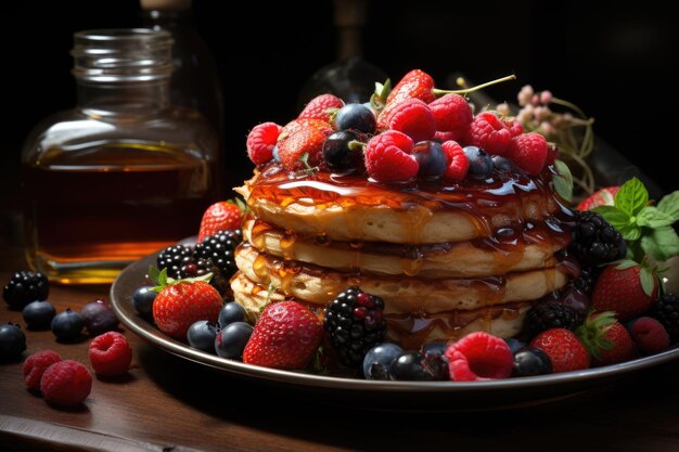 Photo high angle close of raw vegan pancakes with honey and red fruits generative ia