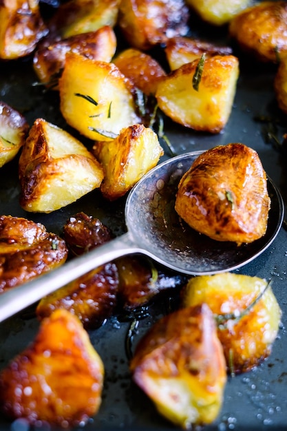 high angle close-up of roasted potatoes
