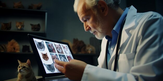 Photo high angle close up senior veterinarian reading