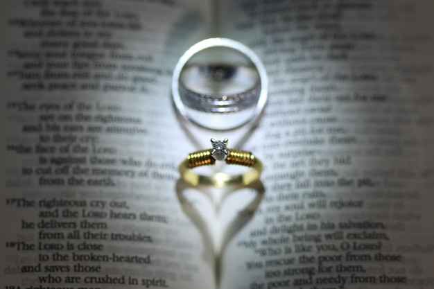 High angle close-up of wedding rings in open book