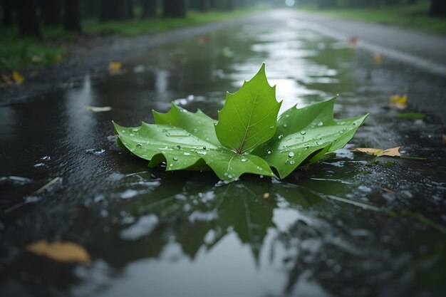 写真 雨の日池の中の孤立した緑の葉の高角度クローズアップショット