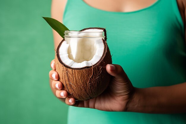 Photo high angle of coconut on burlap with spoon