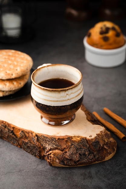 High angle cofee and sweets for breakfast