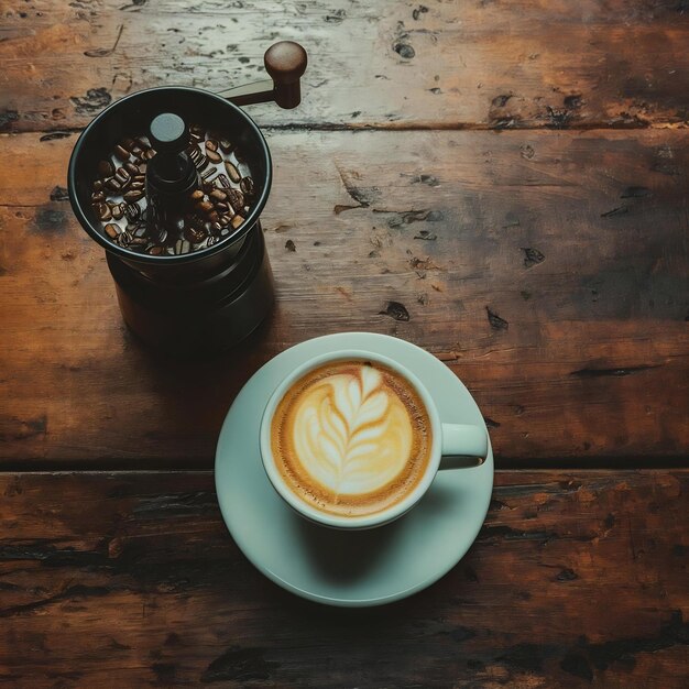 High angle of coffee cup with grinder on table