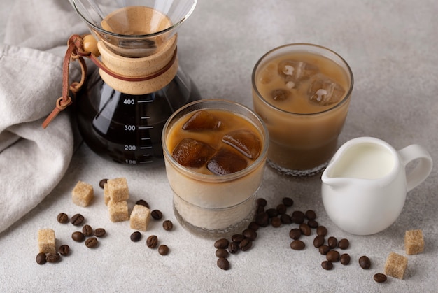 High angle coffee cups with ice