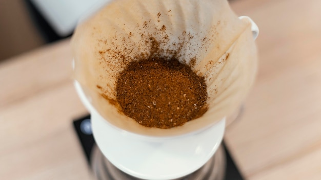 High angle of coffee in the filter