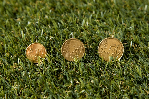 Photo high angle of coins in grass