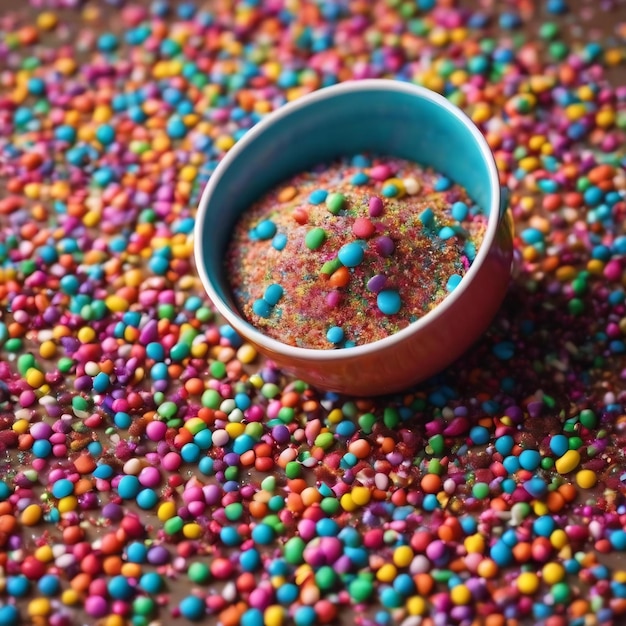 High angle of colorful cup spill of sprinkles