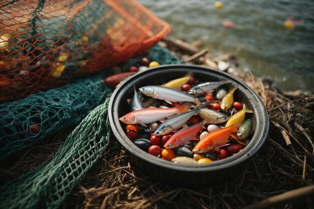 Photo high angle of colorful fishing bait with net ar c