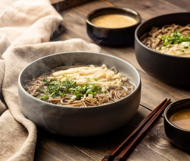 High angle composition of noodles on a table